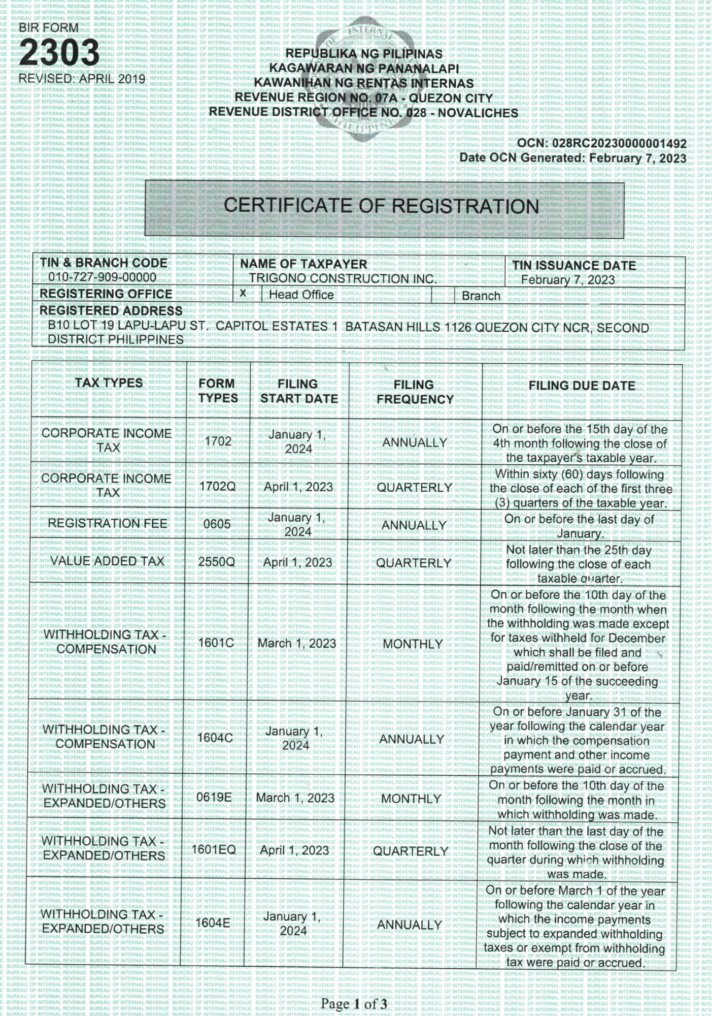 BIR Certificate