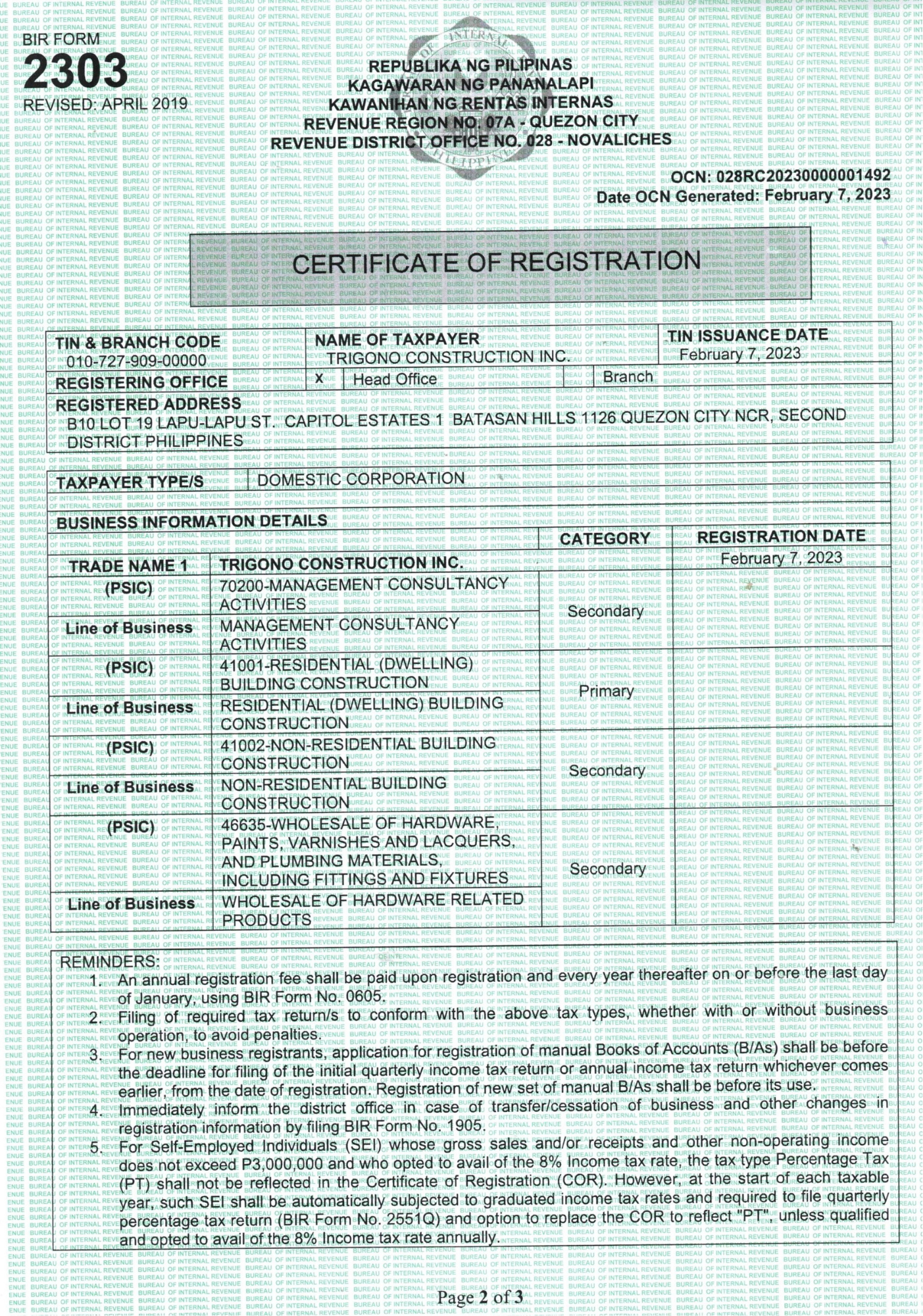 BIR Certificate