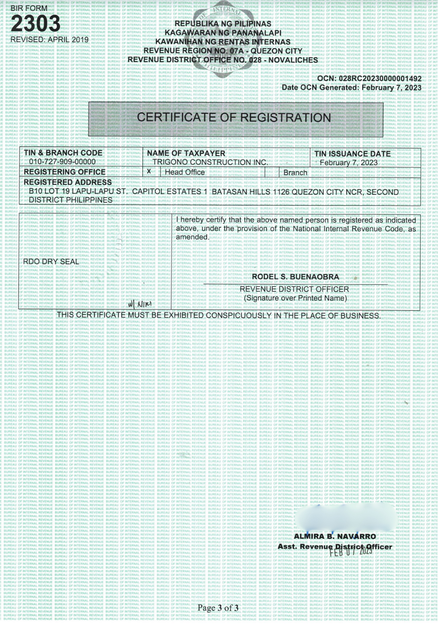 BIR Certificate